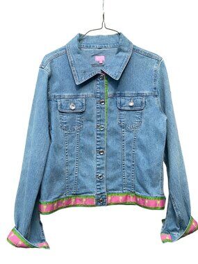 Women Molly B denim jean jacket S green pink ribbon palm trees rhinestone button